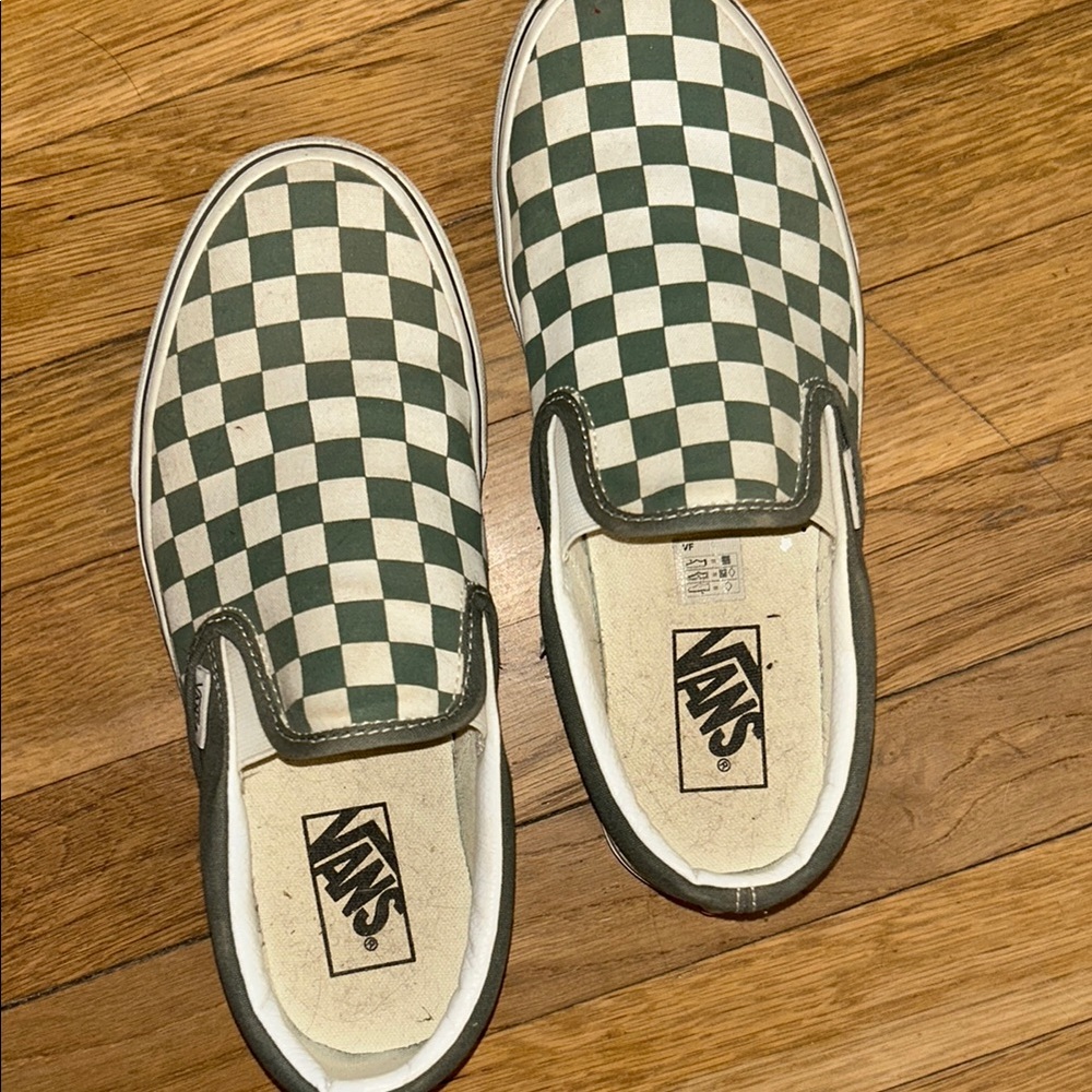 Vans Green and White Checkered Slip-Ons